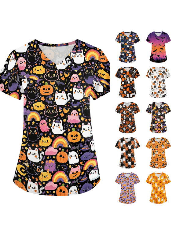 Womens V Neck Halloween Printed Scrub Tops Plus Size Medical Nursing Tops Scrubs with Pocket