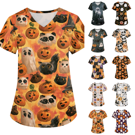 Womens V Neck Halloween Printed Scrub Tops Plus Size Medical Nursing Tops Scrubs with Pocket
