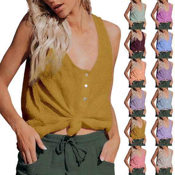 Womens V Neck Henley Button Front Tank Tops Sleeveless Top Cotton Linen Racerback Tie Front Knot Loose Fit Summer Casual Daily Vest, #02 Earthy Yellow, M