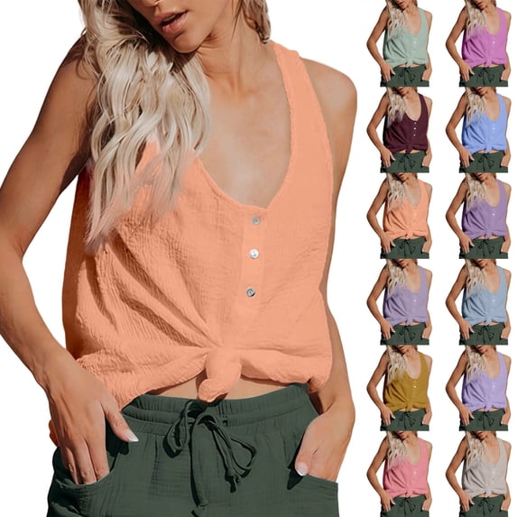 Womens V Neck Henley Button Front Tank Tops Sleeveless Top Cotton Linen Racerback Tie Front Knot Loose Fit Summer Casual Daily Vest, #02 Orange, XL