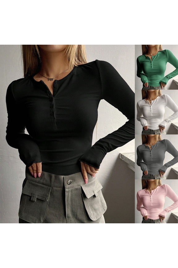 Womens V Neck Henley Top Long Sleeve Ribbed Knit Slim Fit Button Front Casual Tee