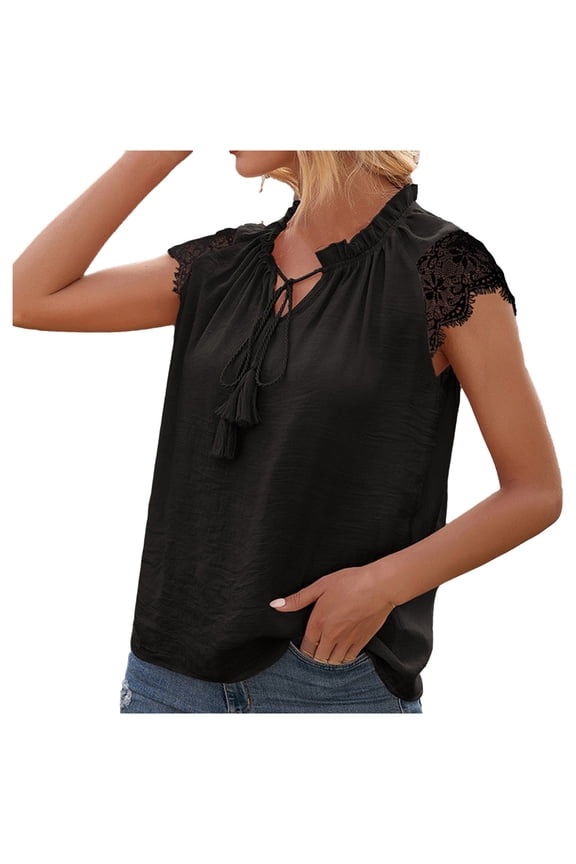 Womens V Neck Hollow Out Lace Stitching Short Sleeve Blouse Solid Color Summer Top 2025 Sexy Comfort Trendy
