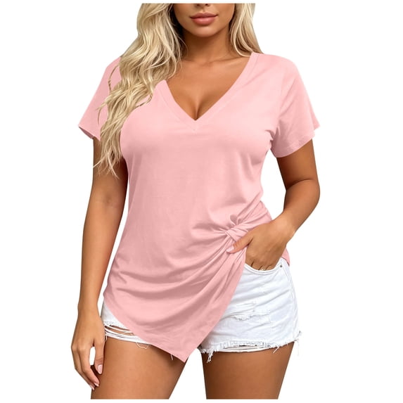 Womens V Neck Irregular Hem Tops Short Sleeve Casual T Shirts Solid Color Loose Fit Asymmetric Summer Blouses for Women Plus Size M-2XL Pink M(M)