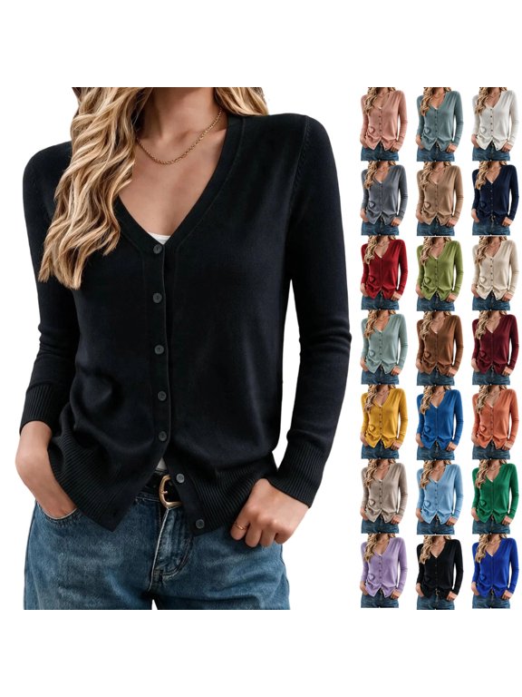 Womens V Neck Knit Cardigan Solid Color Button Down Long Sleeve Lightweight Short Jacket for Daily Casual Wear