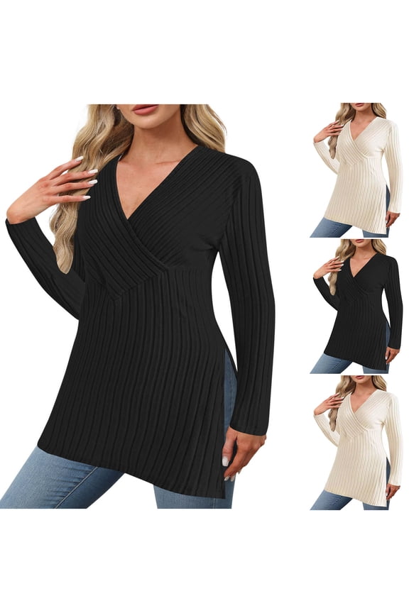 Womens V Neck Knit Sweaters Long Sleeve Ribbed Slim Fit Wrap Top, Split Hem Tunic Sweater Tops Fall Winter Office Wear Beige 3XL