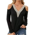 thumbnail image 1 of Womens V Neck Lace Crochet Tops Sexy Cold Shoulder Long Sleeve Tshirts Fashion Going Out Tee Shirts, 1 of 5