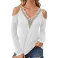 thumbnail image 1 of Womens V Neck Lace Crochet Tops Sexy Cold Shoulder Long Sleeve Tshirts Fashion Going Out Tee Shirts, 1 of 4