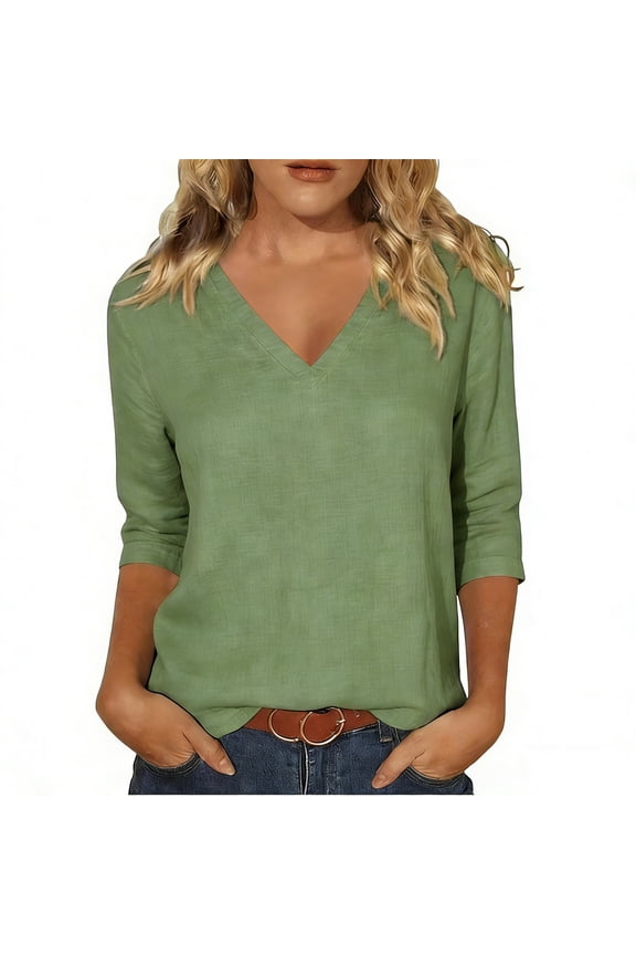 Womens V-Neck Linen Blend Top Short Sleeve Relaxed Fit Sage Green Casual Shirt Breezy Oversized Tunic,Size S