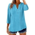thumbnail image 1 of Womens V-Neck Linen-Cotton Tunic Tops 3/4 Length Sleeve Pleated Front Blouses 2026 Trendy Spring and Summer Solid Shirts, 1 of 5