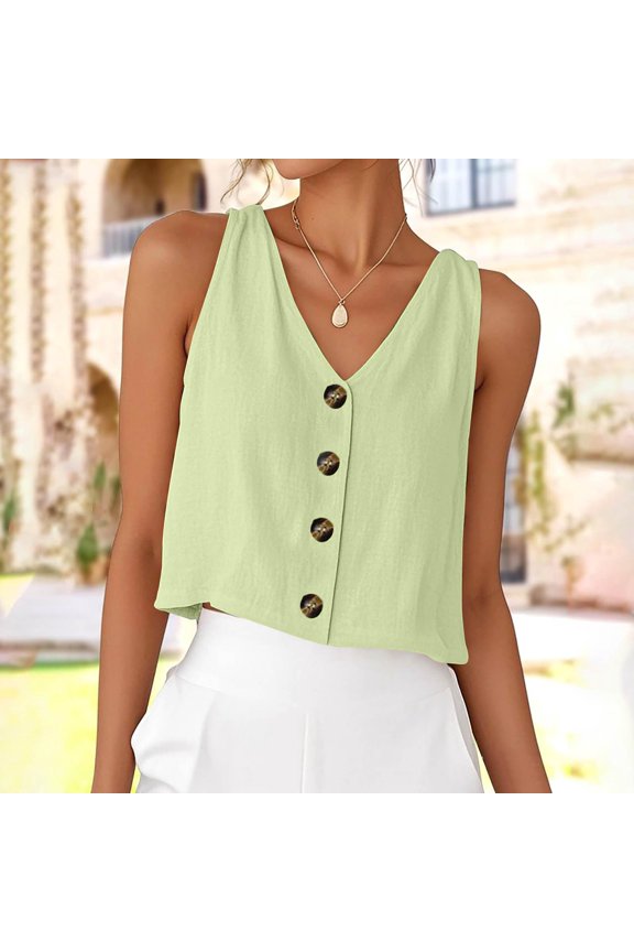 Womens V Neck Linen Tank Tops Spring Summer Beach Sleeveless Shirts Blouses Vest Top Light Green 2XL