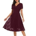 thumbnail image 1 of Womens V Neck Long Sleeve Fall Dresses Ladies Solid Color V-neck Mid-length Lace Swing Dress Wine, 1 of 7