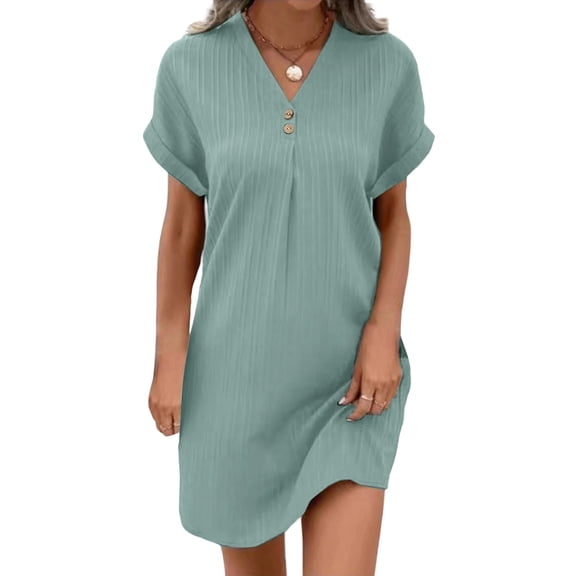 Womens V Neck Long Sleeve Fall Dresses Women's New Short Sleeve V-neck Solid Color Pullover Comfortable Casual Button Dress Light Green