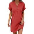 thumbnail image 1 of Womens V Neck Long Sleeve Fall Dresses Women's New Short Sleeve V-neck Solid Color Pullover Comfortable Casual Button Dress Saffron, 1 of 6