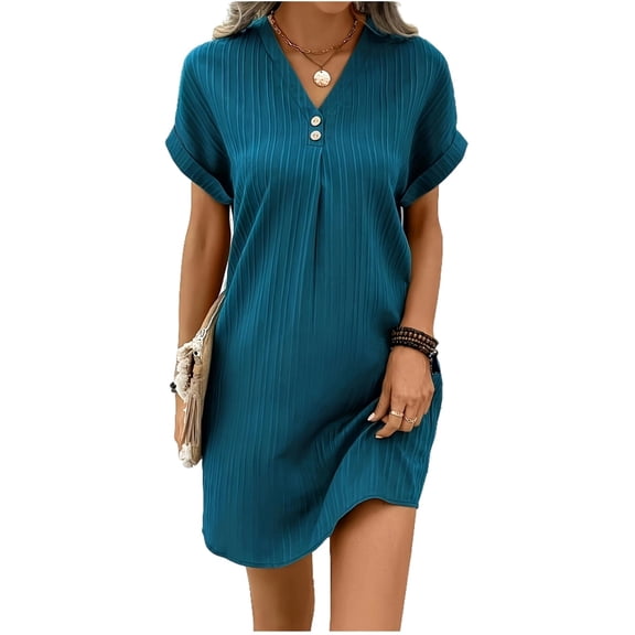 Womens V Neck Long Sleeve Fall Dresses Women's New Short Sleeve V-neck Solid Color Pullover Comfortable Casual Button Dress Turquoise