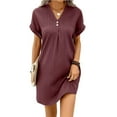 thumbnail image 1 of Womens V Neck Long Sleeve Fall Dresses Women's New Short Sleeve V-neck Solid Color Pullover Comfortable Casual Button Dress Wine, 1 of 4