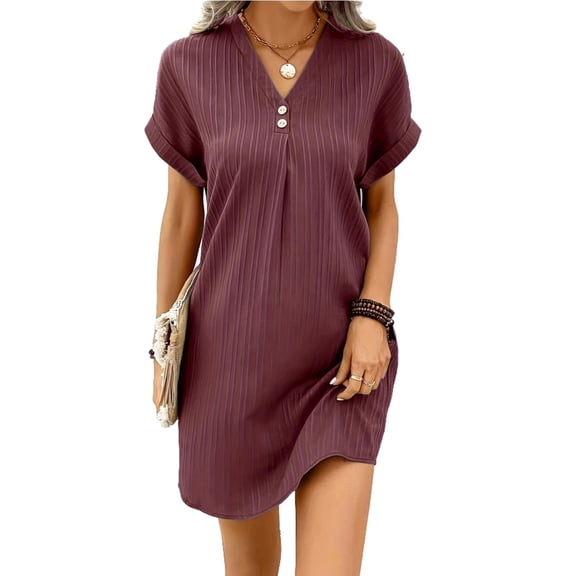 Womens V Neck Long Sleeve Fall Dresses Women's New Short Sleeve V-neck Solid Color Pullover Comfortable Casual Button Dress Wine