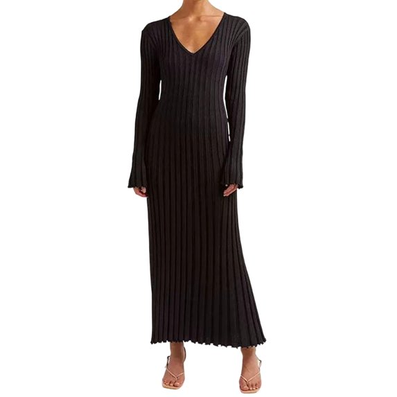 Womens V Neck Long Sleeve Fishtail Sweater Dress Ribbed Knit Slim Fit Bodycon Midi Dress Black L