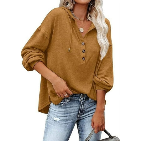 Womens V Neck Long Sleeve Henley Shirts Button Down Sweatshirts Hoodies Tunic Tops with Drawstring- 2XL