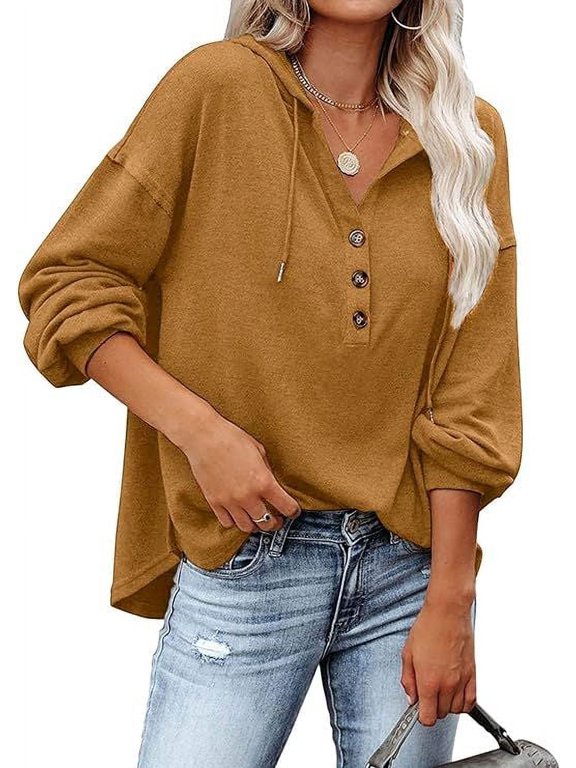 Womens V Neck Long Sleeve Henley Shirts Button Down Sweatshirts Hoodies Tunic Tops with Drawstring- 2XL