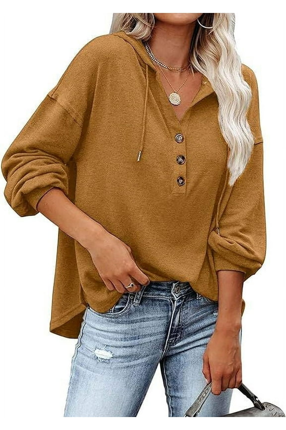 Womens V Neck Long Sleeve Henley Shirts Button Down Sweatshirts Hoodies Tunic Tops with Drawstring- 2XL
