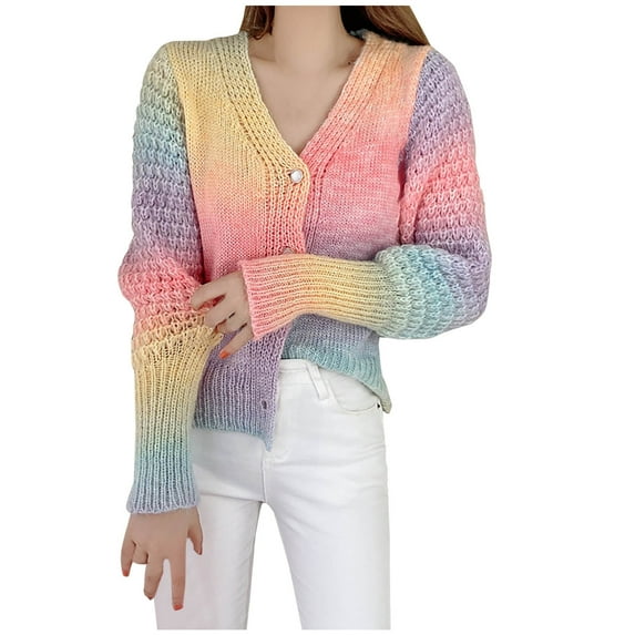 Womens V Neck Long Sleeve Open Front Tie Dye Sweaters Casual Colorful Cardigan Button Down Sweater Knit Tops