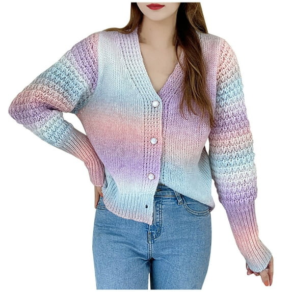 Womens V Neck Long Sleeve Open Front Tie Dye Sweaters Casual Colorful Cardigan Button Down Sweater Knit Tops