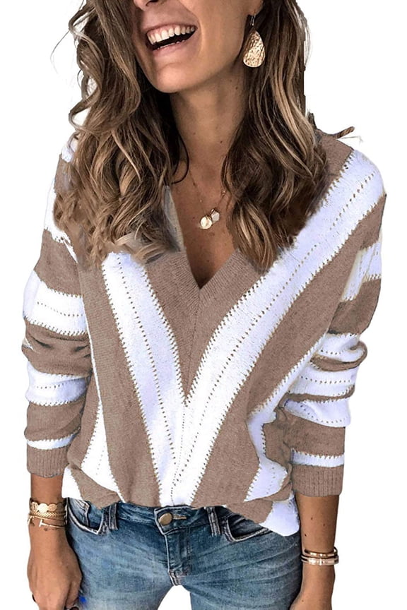 Womens V Neck Long Sleeve Ripped Distressed Pullover Knitted Sweater S-2XL