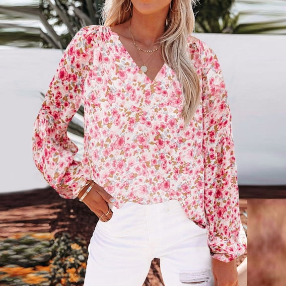 Womens V Neck Long Sleeve Shirt Graphics Print Loose Trendy Elegant Casual Tunic Tops Breathable Soft Spring Basic Blouses Vacation Clothes Hot Pink XL
