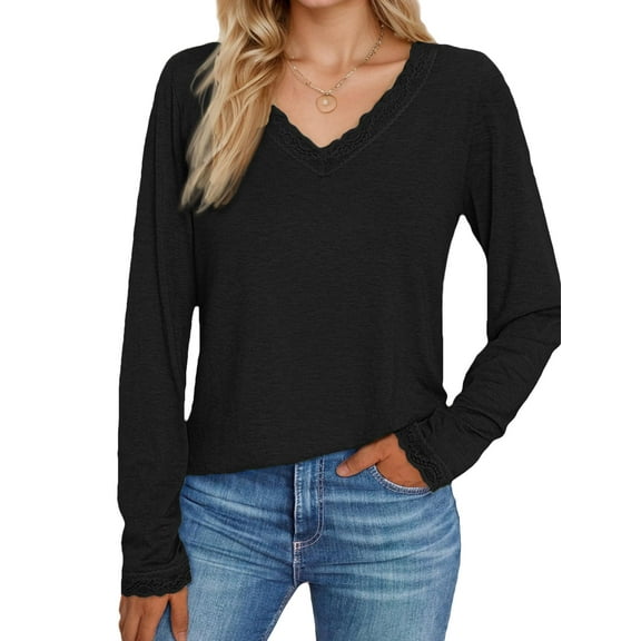 Womens V Neck Long Sleeve Shirt Lace Trim Casual Dressy Fall Winter Top