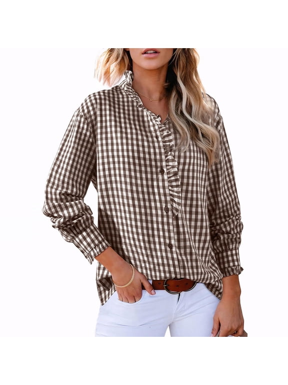 Womens V-Neck Long Sleeve Shirt, Plaid Ruffled Button Front Checked Collar Casual Fall Blouse Garment Attire, Khaki, XL