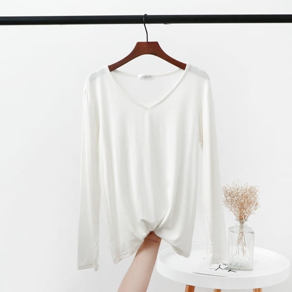 Womens V Neck Long Sleeve Shirt Solid Color Loose Fashion Dressy Casual Tunic Tops Comfy Soft Spring Basic Blouses Vacation Clothes White XXL