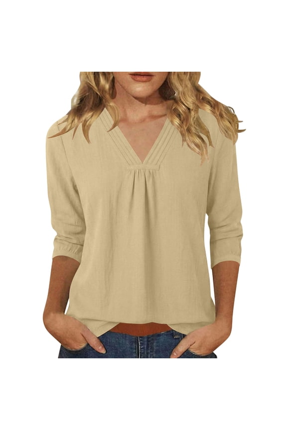 Womens V-Neck Long Sleeve Shirts Banded Bottom Pleated Tops Fall Dressy Casual Blouses