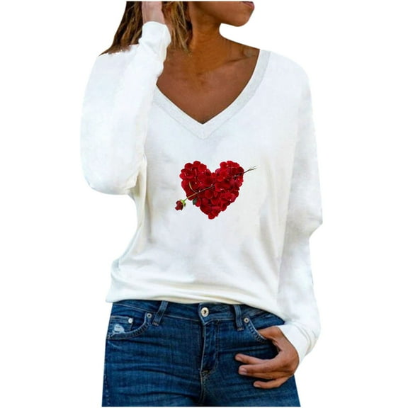 Womens V Neck Long Sleeve Shirts Love Heart/Leopard Printed Casual Holiday Tops for Women Trendy Fall Spring (L, White)