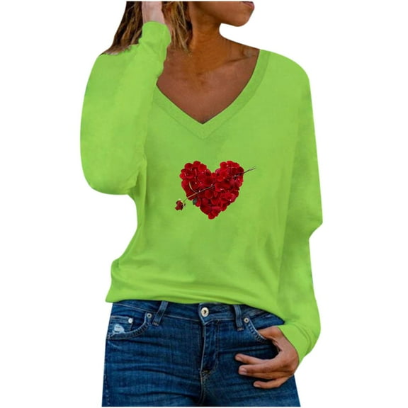 Womens V Neck Long Sleeve Shirts Love Heart/Leopard Printed Casual Holiday Tops for Women Trendy Fall Spring (M, Green)