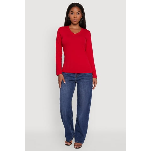 Womens V-Neck Long Sleeve Solid T-Shirt