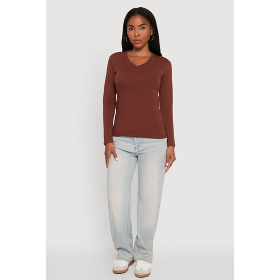 Womens V-Neck Long Sleeve Solid T-Shirt
