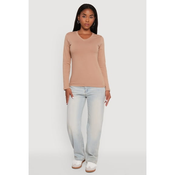 Womens V-Neck Long Sleeve Solid T-Shirt