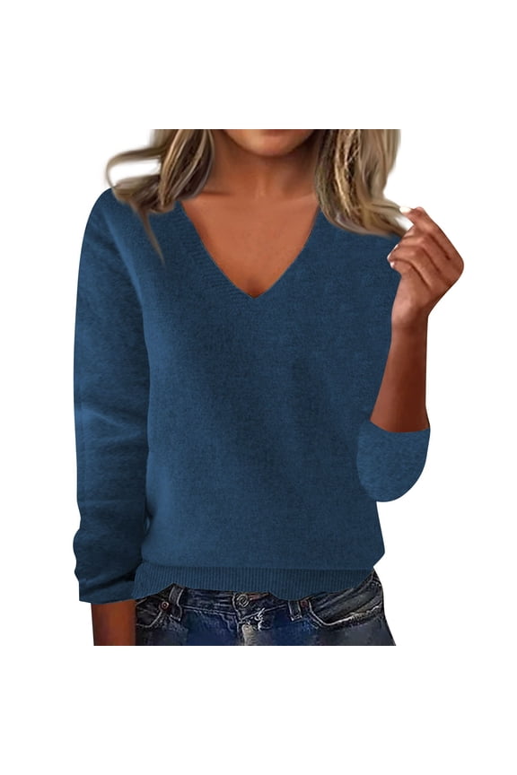 Womens V Neck Long Sleeve Sweater Fall Casual Classic Soft Loose Fit, Basic Pullover Jumper Dark Blue L