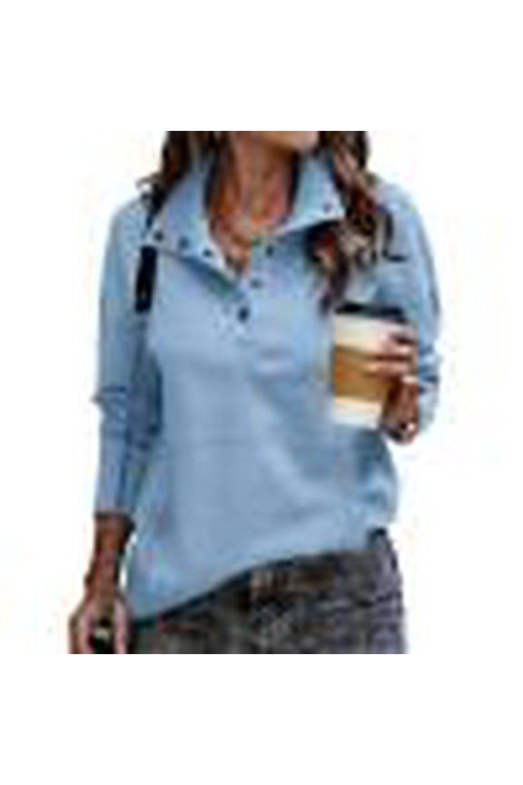 Womens V Neck Long Sleeve Sweatshirts Half Button Lightweight Pullover Fashion Fall Clothes Sky Blue L