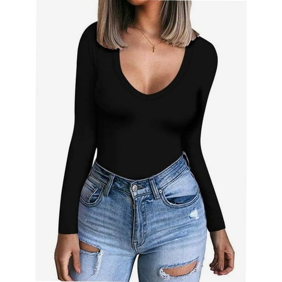 Womens V Neck Long Sleeve T Shirt Fitted Top for Women Low Cut Tight Shirts Going Out Casual Basic Fall Clothes