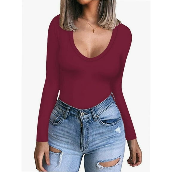 Womens V Neck Long Sleeve T Shirt Fitted Top for Women Low Cut Tight Shirts Going Out Casual Basic Fall Clothes