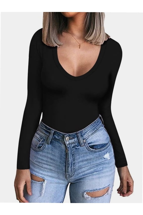 Womens V Neck Long Sleeve T Shirt Fitted Top for Women Low Cut Tight Shirts Going Out Casual Basic Fall Clothes