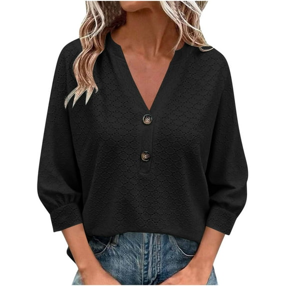 Womens V Neck Long Sleeve Tops 2025 Fall Casual Loose 3/4 Sleeve Button Down Boho Work Blouse Dressy T Shirts
