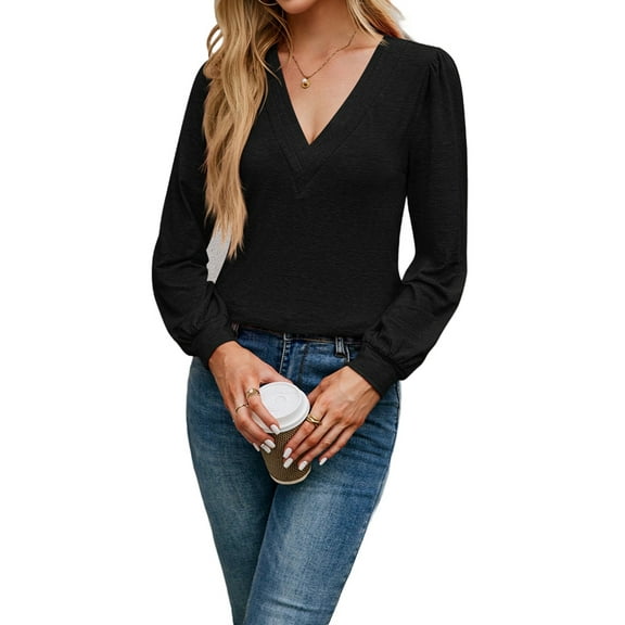 Womens V Neck Long Sleeve Tops Dressy Casual Fall Shirts Puff Sleeve Loose Tunic Trendy Tops Blouses Black XXL