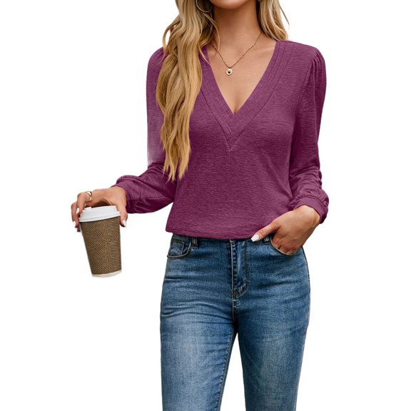 Womens V Neck Long Sleeve Tops Dressy Casual Fall Shirts Puff Sleeve Loose Tunic Trendy Tops Blouses  XL