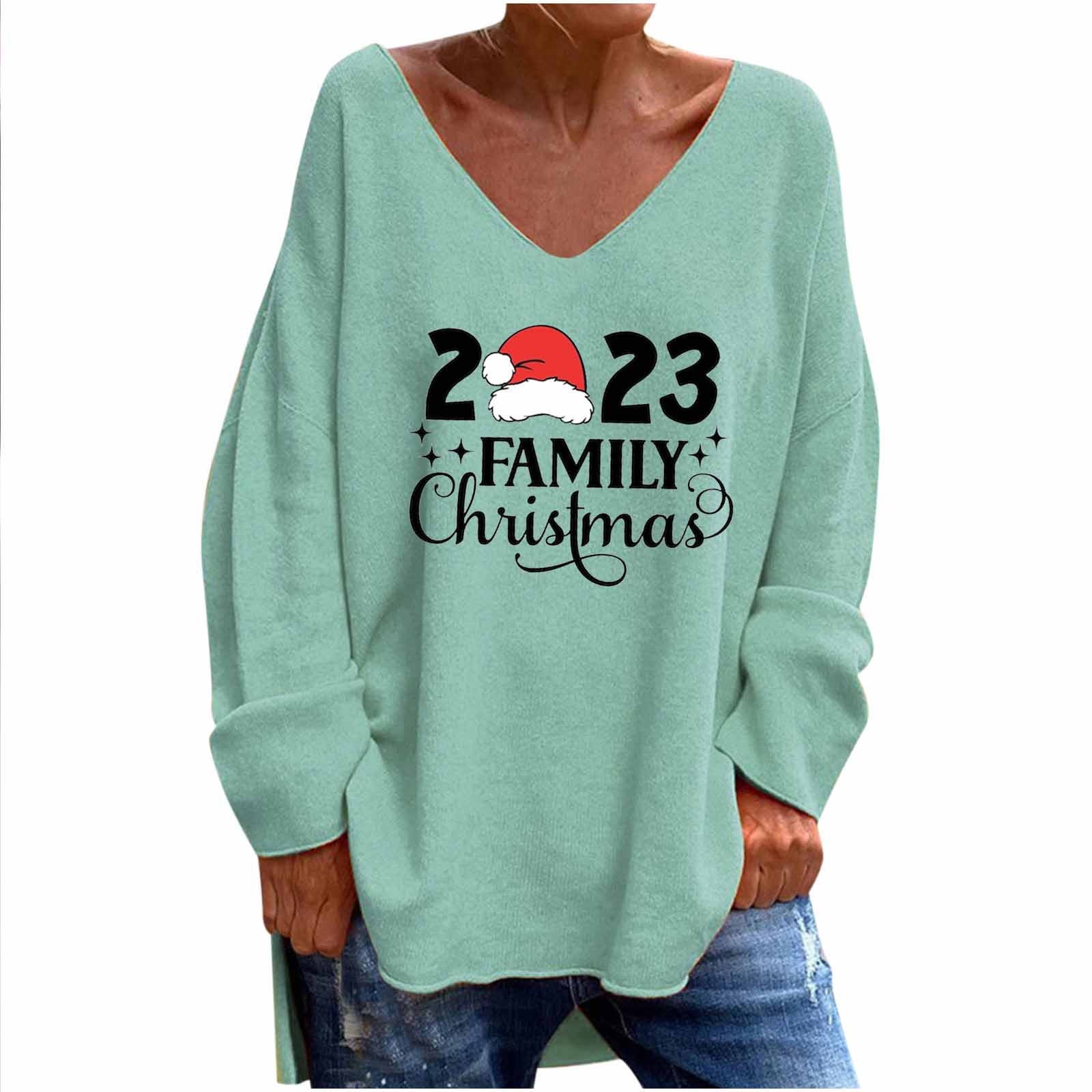 Womens V Neck Long Sleeve Tops Long Tops Wear with Leggings Casual  Christmas Print High Low Hem Pullover Shirts(Green,S)