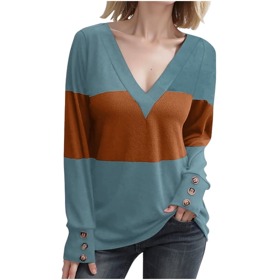 Womens V-Neck Long Sleeve Tops Plus Size Fall Striped Loose Pullover Shirt Casual Color Block Tunic Blouses (Light Blue L)