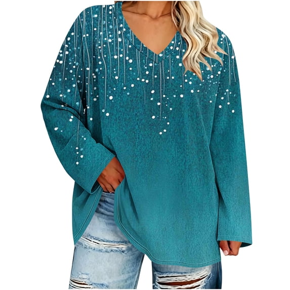 Womens V Neck Long Sleeve Tops Plus Size Printed Casual Blouses Soft Comfortable Shirts Summer Fall Tops Loose Fit Pullover Tops Daily Wear Outfits Tops
