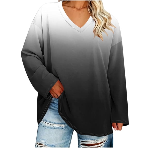 Womens V Neck Long Sleeve Tops Plus Size Printed Casual Blouses Soft Comfortable Shirts Summer Fall Tops Loose Fit Pullover Tops Daily Wear Outfits Tops