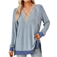 thumbnail image 1 of Womens V-Neck Long Sleeve Tops Solid Color Lace Patchwork Pullover Trendy Loose-Fit Vintage Blouse, 1 of 6
